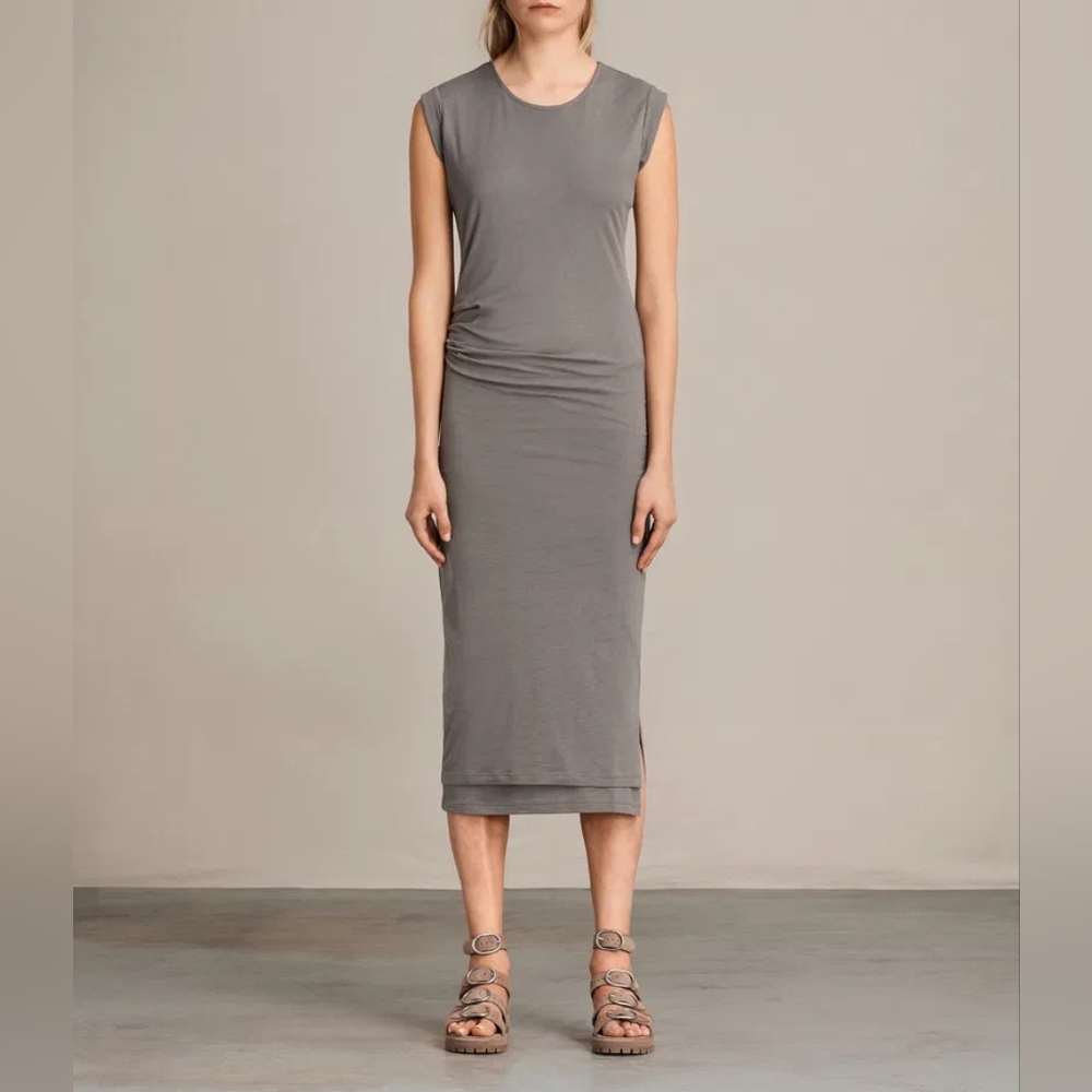 All Saints Gamma Midi Dress Stretchy Grey Brown Size Small Short Sleeves